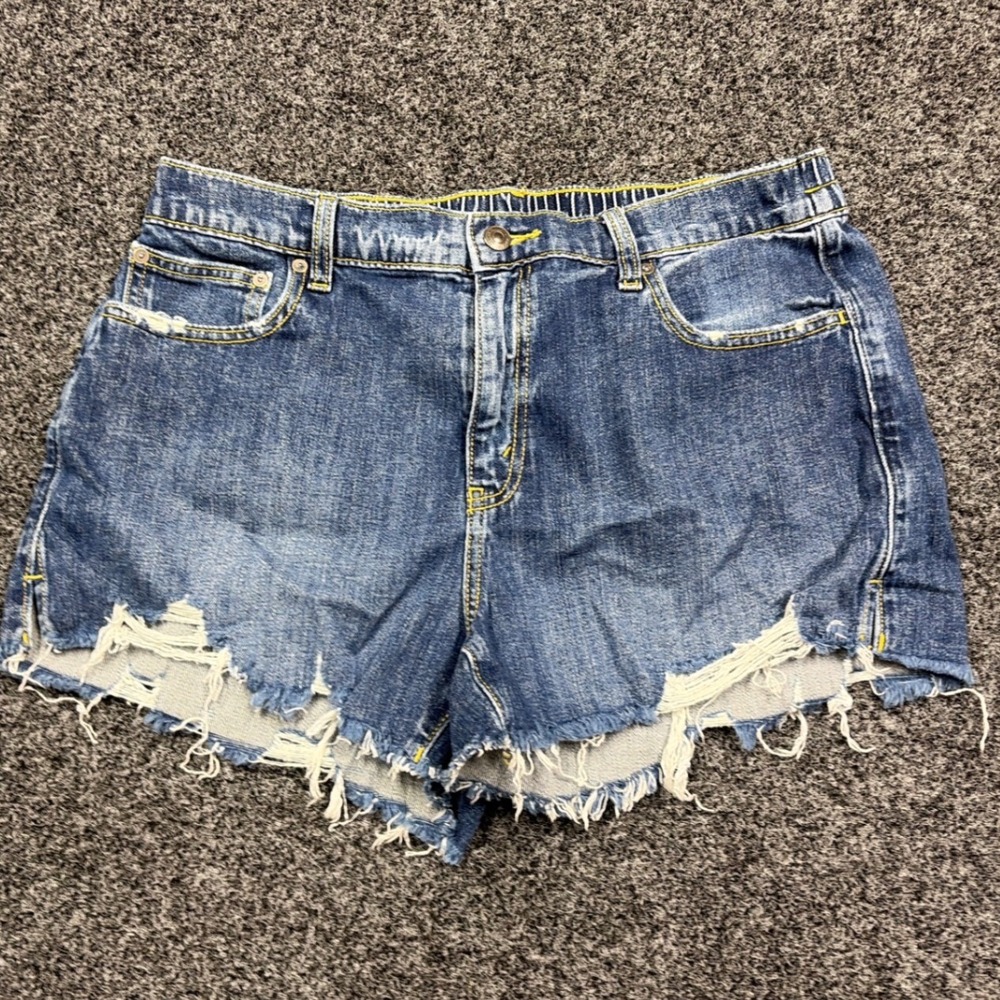 Aerie Shorts Women Large Blue Denim Distressed Raw Hem High Rise Elastic Waist